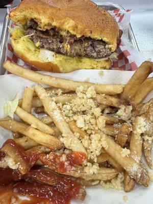 Baja Burger 8oz with grilled onions and Garlic-parm Fries