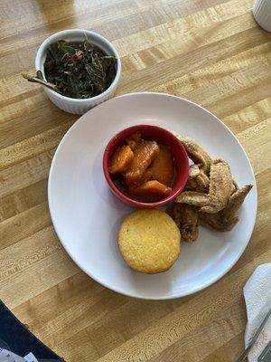 Collard greens. Sweet potatoes.  Fried chicken wings.