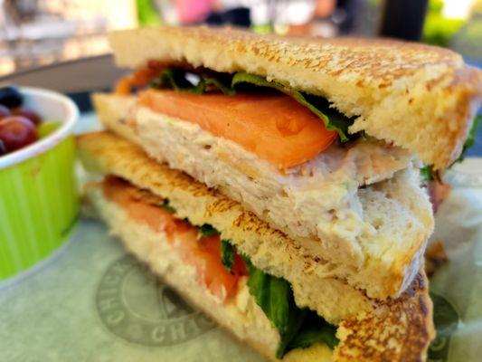 Sassy Scotty Chicken Salad BLT on Toasted White Bread, Fresh Fruit Cup, Quartered Pickle Spear, Small Round Buttercream Cookie