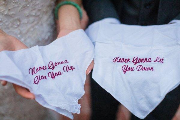 Embroidered hankies for our wedding. Cotton Shoppe did a wonderful job.