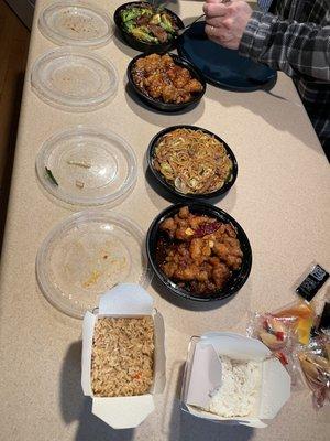 Beef and broccoli, sesame chicken, pork lo mein, orange chicken, fried rice and white rice