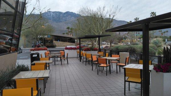 From the exterior seating area, this is a view of Mt. San Jacinto with its upper part dusted in snow.