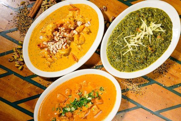 Prawn Korma, Saag Paneer, Chicken Tikka Masala