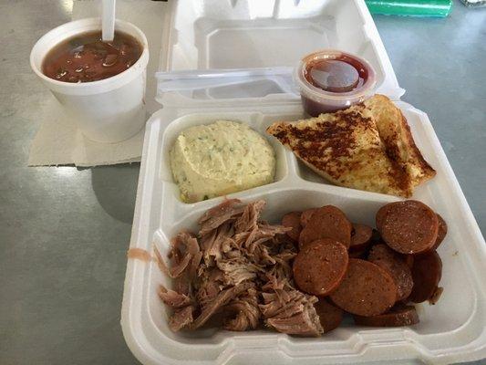 2 Meat plate $24 pulled pork, sausage, pinto beans, potato salad, jalapeño toast, bbq sauce