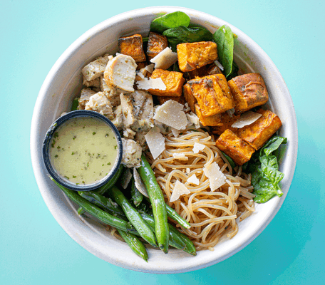 Spinach, Sesame Noodles, Garlicky Cilantro Green Beans, Key West Chicken, Cilantro Vinaigrette and a sprinkle of freshly grated parmesan.