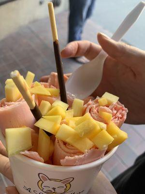 Cherry blossom ice cream with mango and pocky