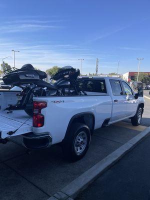 View of Harley in bed of 2024 Chevrolet, 3500HD