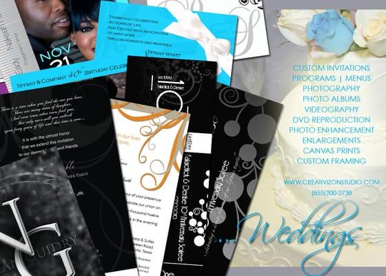 We have talented designers that specialize in contemporary, creative invites such as mock CDs, magazines.