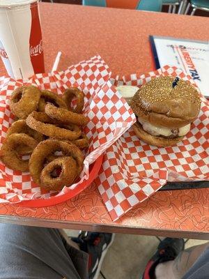 Yummy crispy, crunchy onion rings with ranch dressing, and the Giant burger with Swiss cheese and bacon really tasty.