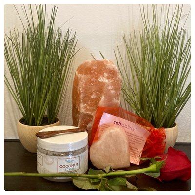 SaltSuite Coconut Scrub w/Spoon; SaltSuite Heart Shaped Himalayan Salt Stone and a beautiful Valentine's Day Rose.