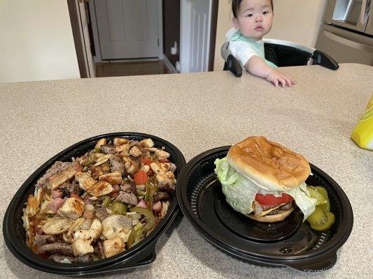 Cali-Mike's plate, Bacon Angus Cheeseburger (1/4 Lb.), cutest baby ever