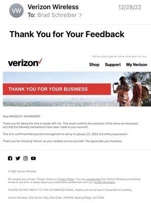 An email confirmation by a supervisor at Verizon.