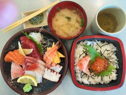 It is called chirashi-zushi, which is sashimi served on a bed of sushi rice.