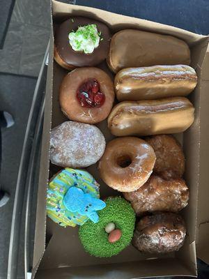 Dozen donuts. Which one would expect to get at a donut shop.