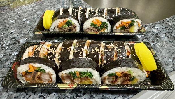 Donkatsu kimbap and beef kimbap