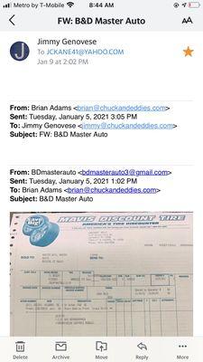 photo is a copy of a fraudulent invoice that was given to Chuck and Eddies on 1/5/21 from B&D Master Auto.