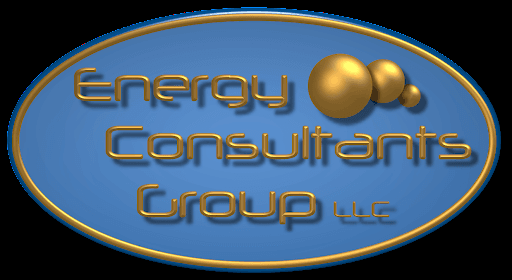 The official logo for Energy Consultants Group, LLC, featuring a sleek blue oval background with a thin gold border...