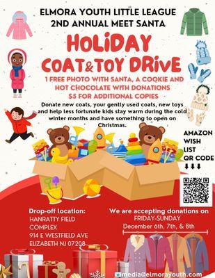 Tis the Season
Join us in spreading warmth this winter! 2ND ANNUAL MEET SANTA HOLIDAY COAT & TOY DRIVE