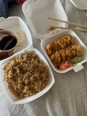 Side of fried rice and spicy tuna tempura roll