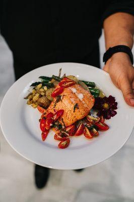 Pan-Roasted Wild Salmon with tomato-basil vinaigrette