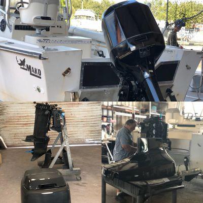 Complete restoration on Johnson/Evinrude 225hp. Complete Rebuild & re-paint