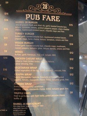 Pub Fare Menu