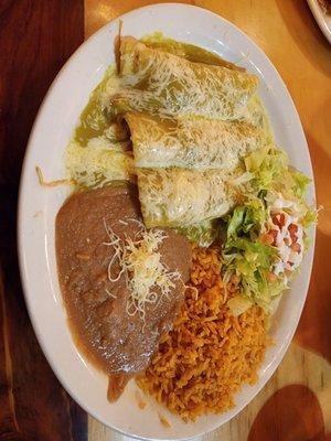 "Swiss Enchiladas," (chicken with green sauce and cheese)