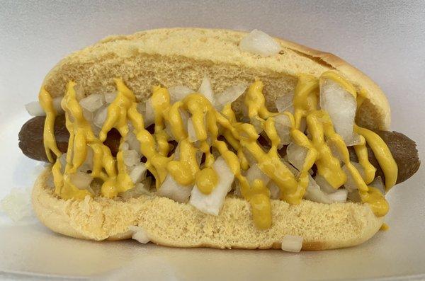 Mustard and onions dog.