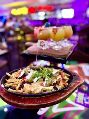 Asada fries, margarita flight