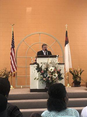 Pastor Miller preaching Easter Service.