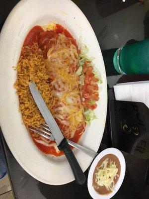 Chimichanga, rice, and beans.