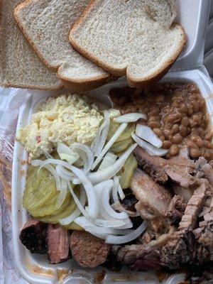 3 meat dinner plate, ribs, beef sausage, and brisket