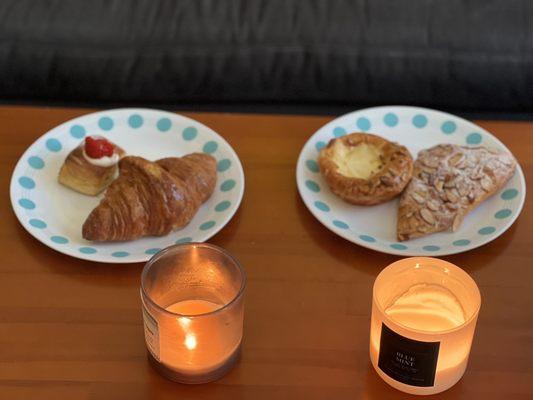 Burnt Almond Croissant, Cheese Danish, croissant and strawberry pastry.