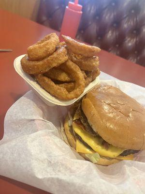 Double bacon cheeseburger with onion rings