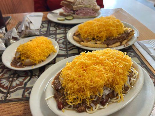 Cheese coney, 5 way and chili cheese fries