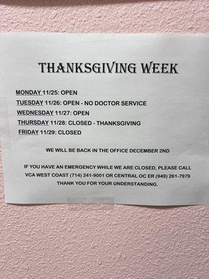 Holiday Hours November 2024