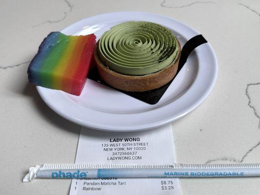 Rainbow cake (left) & pandan matcha tart