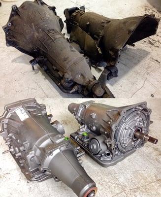 Before and after...a couple of 4L60 transmissions ready to ship. Backed by 5 years and 100,000. miles.