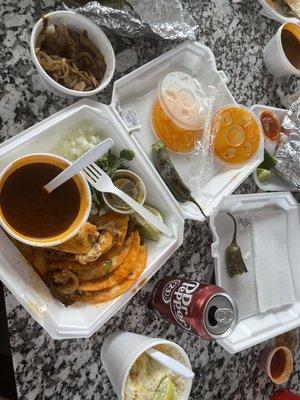 Combo quesabirria tacos  side of cebolla azada and chiles toreados  Elote and DrPepper.