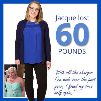 Jacque lost 60 pounds and several dress sizes with Nutrition 4 Weight Loss and nutrition counseling.