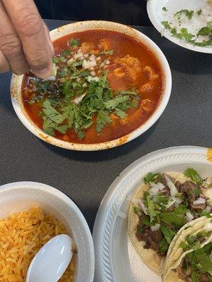 Menudo,taco and rice