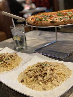 Fetuccini alfredo and Margherita Pizza