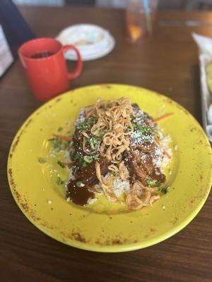 Chorizo, beef & sausage meatloaf with gravy & frizzled onions over zucchini & carrots and cilantro rice