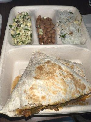 Al pastor chicken quesadilla with corn salad, pinto beans, cilantro rice