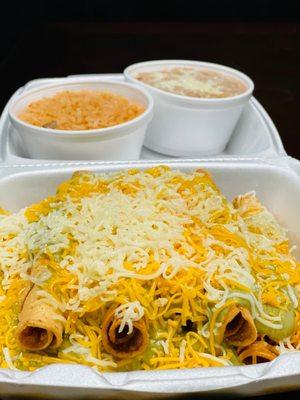 10 rolled taquitos  Side of rice and beans