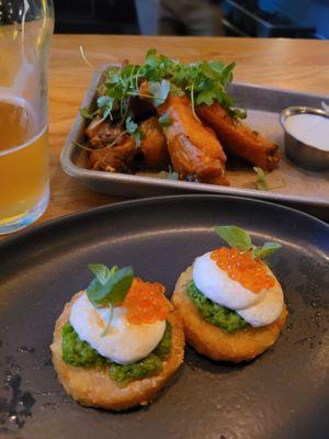 The Rosti and Roe is out of this world. Fried potato pancakes with lots of smoked Roe. The wings are great, just enough spice.