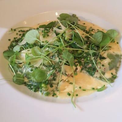 Spring Lamb and Sweet Pea Raviolis with Grain Mustard Crema and Rosemary Minted Pasta