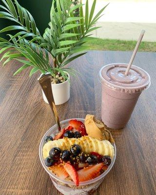 Acai Bowl and Bye Bye Belly Berry protein smoothie