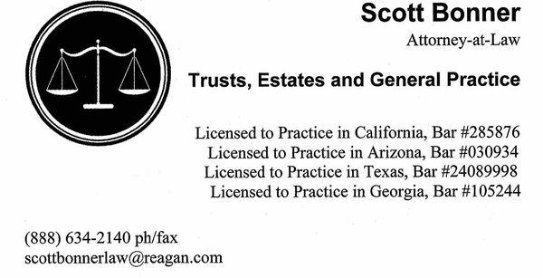 My business card showing my bar numbers for the states where I am licensed to practice.