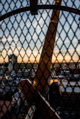 View from the 10th floor observation deck, 120 feet above Ann Arbor, through one of the clock faces (photo by Michael Pihulic)